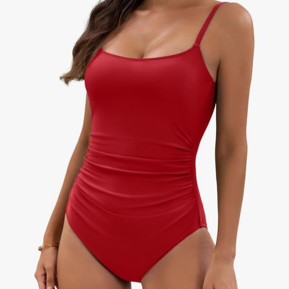 Women's Red Side Shirred Ruched Waist One Piece Swimsuit Size M NWT - Picture 1 of 11